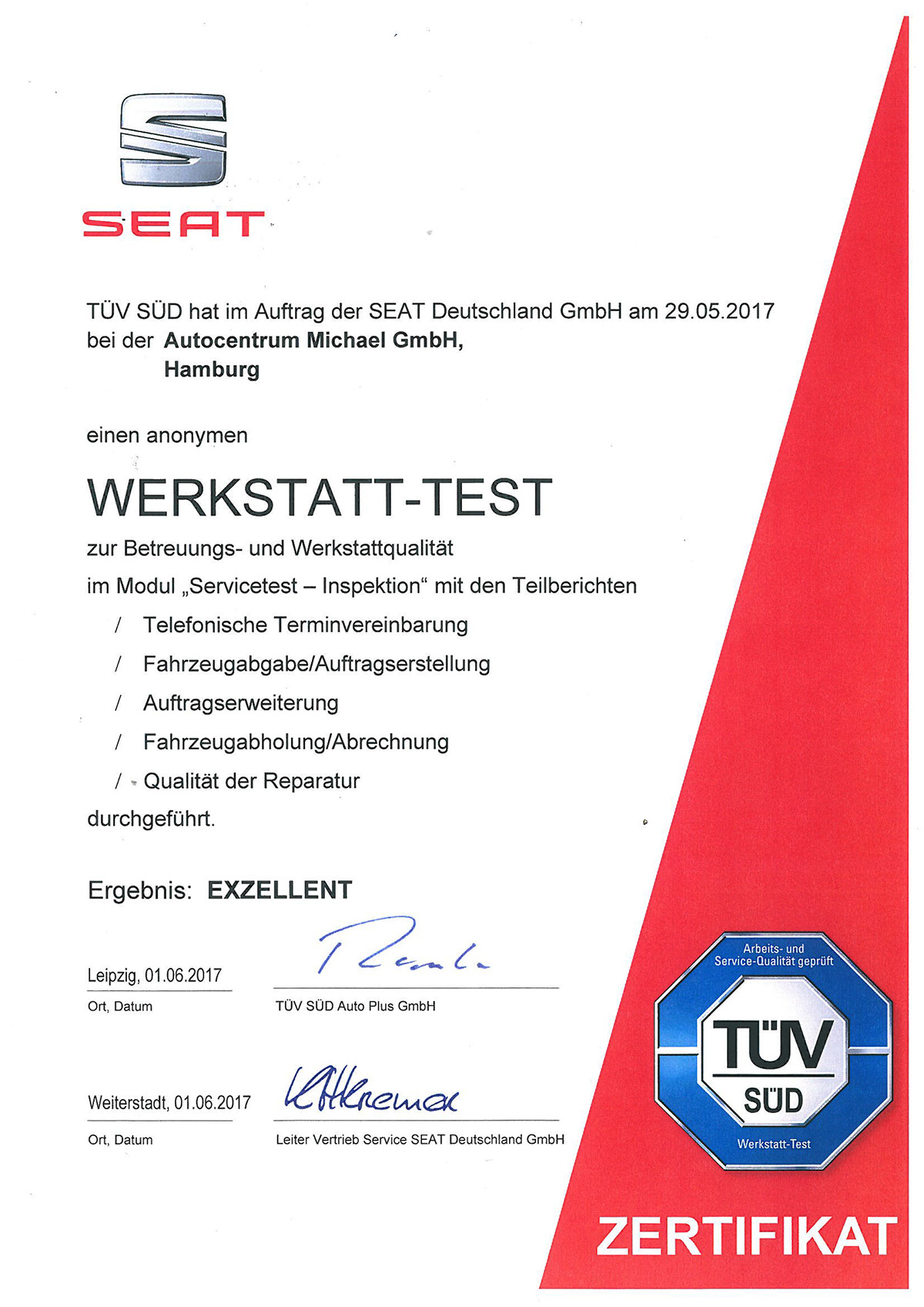Urkunde Der Seat Werkstatttest 2017
